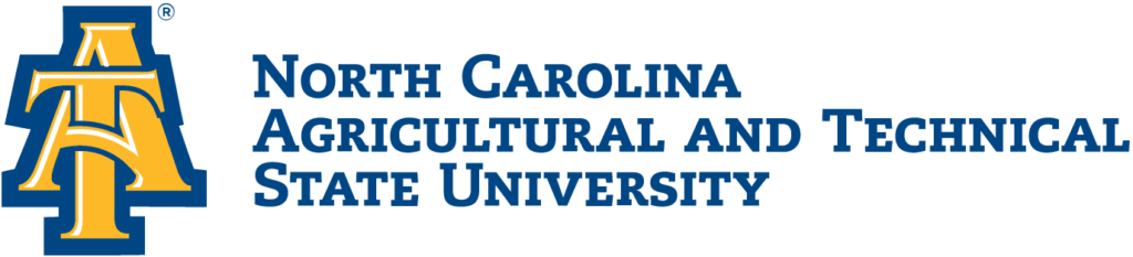 The gold and royal blue logotype for North Carolina Agricultural and Technical State University. To the right of the name is two large letters entwined vertically: the A and the T. 