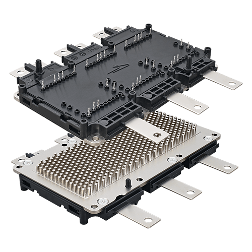 Front & bottom view of the Wolfspeed YM3L silicon carbide power module.
