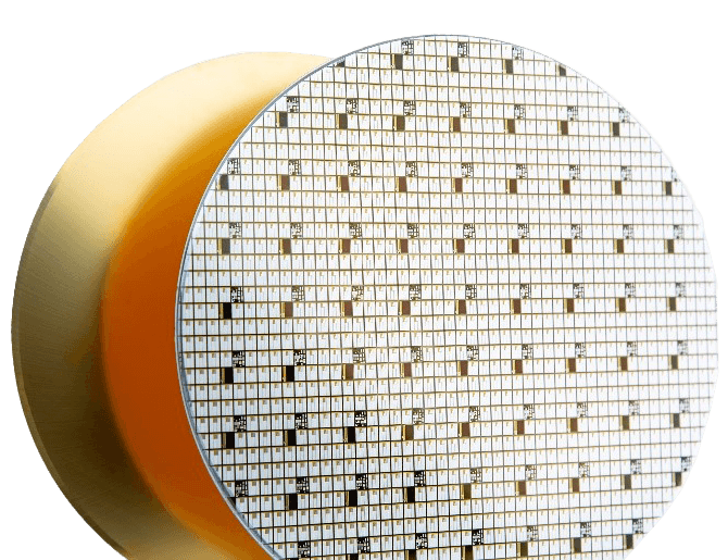 A 200mm Silicon Carbide Wafer from Wolfspeed. It's a close-up product shot on a transparent background.