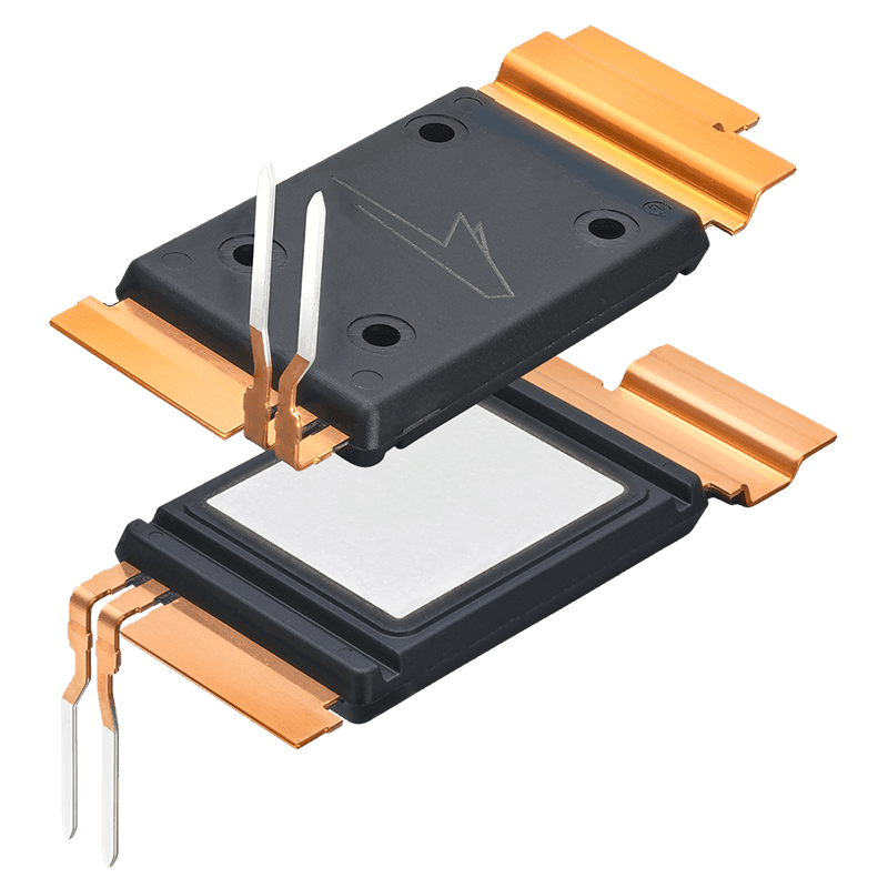 Composite image of the top and bottom of a Wolfspeed silicon carbide (SiC) power module in a TM package.